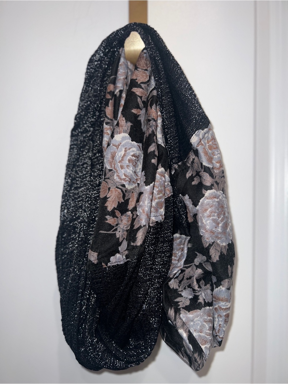 Fashion Floral Multi Texture Infinity Scarf Black Gray Silver Metallic Sparkle